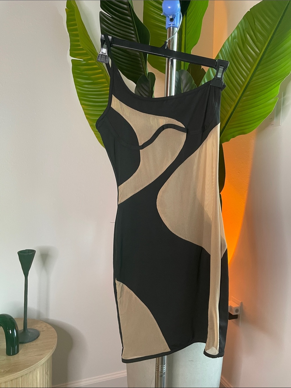 Black and Beige Mini Slip Dress with Abstract Panels